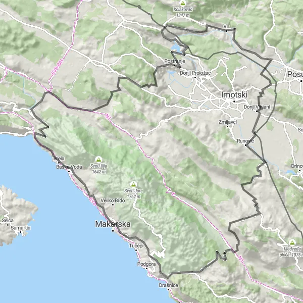 Map miniature of "Coastal Wonders and Challenging Routes" cycling inspiration in Jadranska Hrvatska, Croatia. Generated by Tarmacs.app cycling route planner