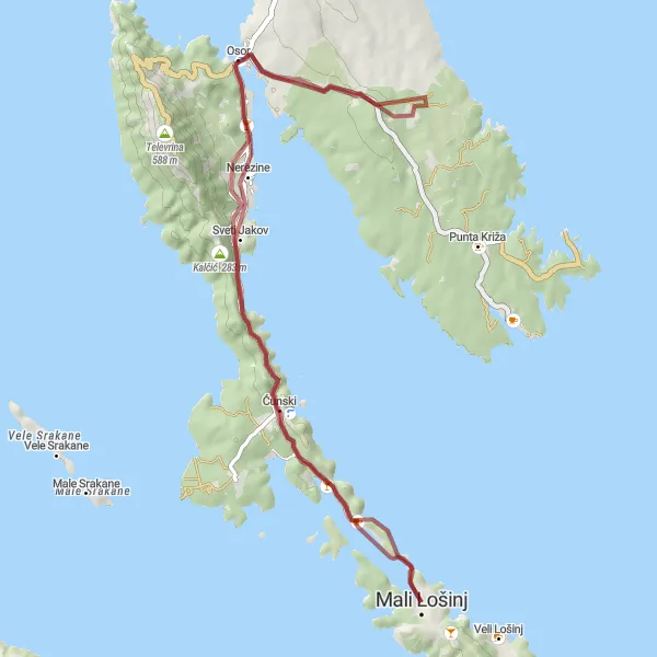 Map miniature of "Mali Lošinj to Premuda Gravel Loop" cycling inspiration in Jadranska Hrvatska, Croatia. Generated by Tarmacs.app cycling route planner