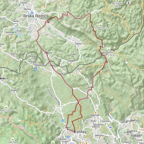 Map miniature of "Matulji Gravel Adventure" cycling inspiration in Jadranska Hrvatska, Croatia. Generated by Tarmacs.app cycling route planner