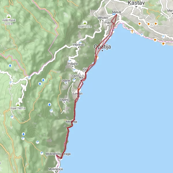 Map miniature of "Exploring the Coastal Gravel" cycling inspiration in Jadranska Hrvatska, Croatia. Generated by Tarmacs.app cycling route planner