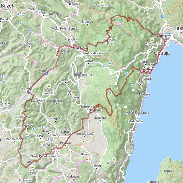 Map miniature of "The Ultimate Mountain Challenge" cycling inspiration in Jadranska Hrvatska, Croatia. Generated by Tarmacs.app cycling route planner