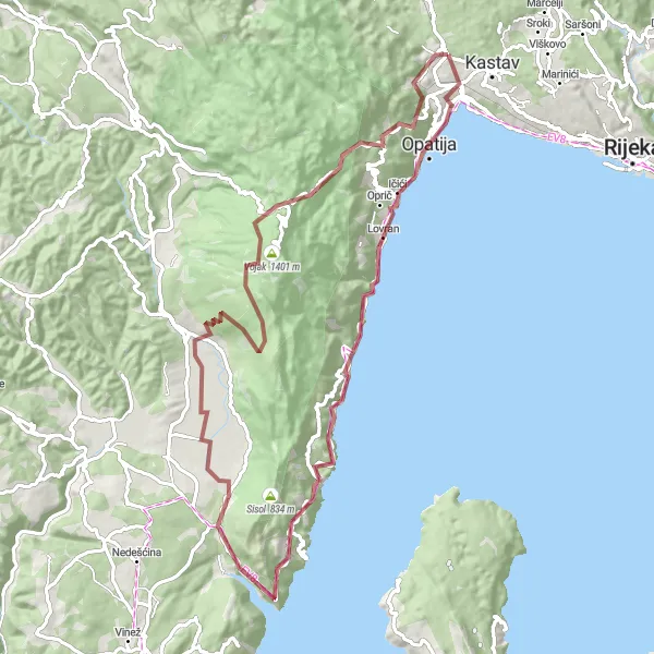 Map miniature of "Coastal Gravel Paradise" cycling inspiration in Jadranska Hrvatska, Croatia. Generated by Tarmacs.app cycling route planner