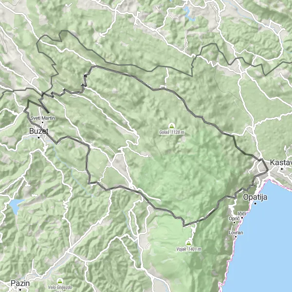 Map miniature of "The Challenging Coastal Road" cycling inspiration in Jadranska Hrvatska, Croatia. Generated by Tarmacs.app cycling route planner