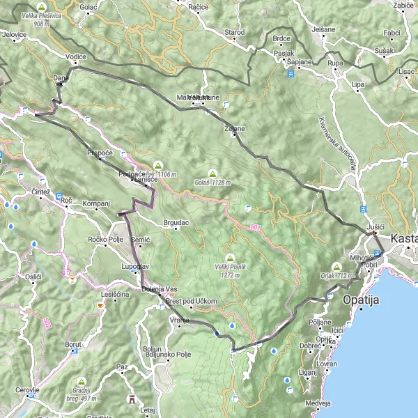 Map miniature of "Hidden Gems of Croatia" cycling inspiration in Jadranska Hrvatska, Croatia. Generated by Tarmacs.app cycling route planner