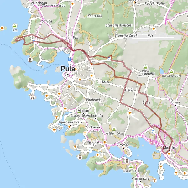 Map miniature of "Medulin and Šandalj Route" cycling inspiration in Jadranska Hrvatska, Croatia. Generated by Tarmacs.app cycling route planner