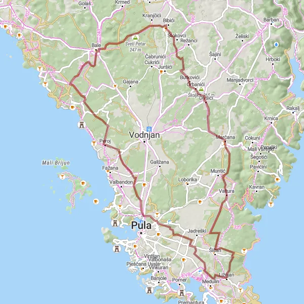 Map miniature of "Gravel Adventure through Medulin and Surroundings" cycling inspiration in Jadranska Hrvatska, Croatia. Generated by Tarmacs.app cycling route planner