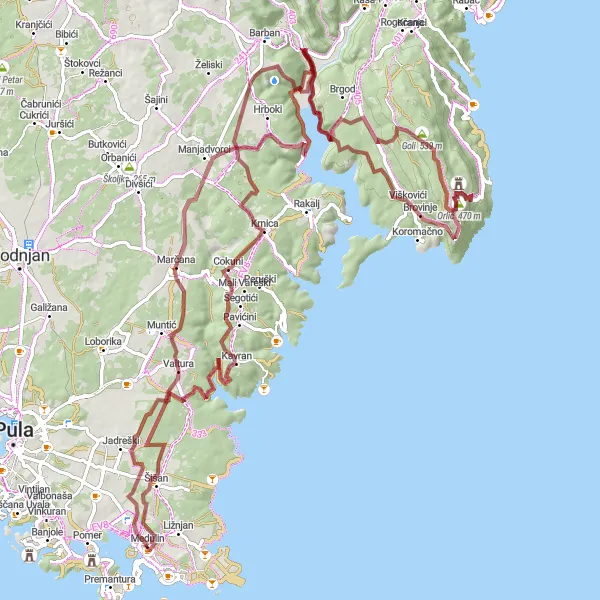 Map miniature of "Krnica Scenic Gravel Loop" cycling inspiration in Jadranska Hrvatska, Croatia. Generated by Tarmacs.app cycling route planner
