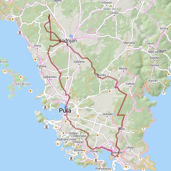 Map miniature of "Pula and Loborika Gravel Expedition" cycling inspiration in Jadranska Hrvatska, Croatia. Generated by Tarmacs.app cycling route planner