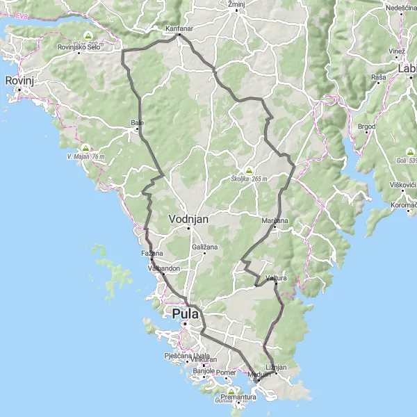 Map miniature of "Coastal Cycling Adventure from Kaštelir to Marčana" cycling inspiration in Jadranska Hrvatska, Croatia. Generated by Tarmacs.app cycling route planner