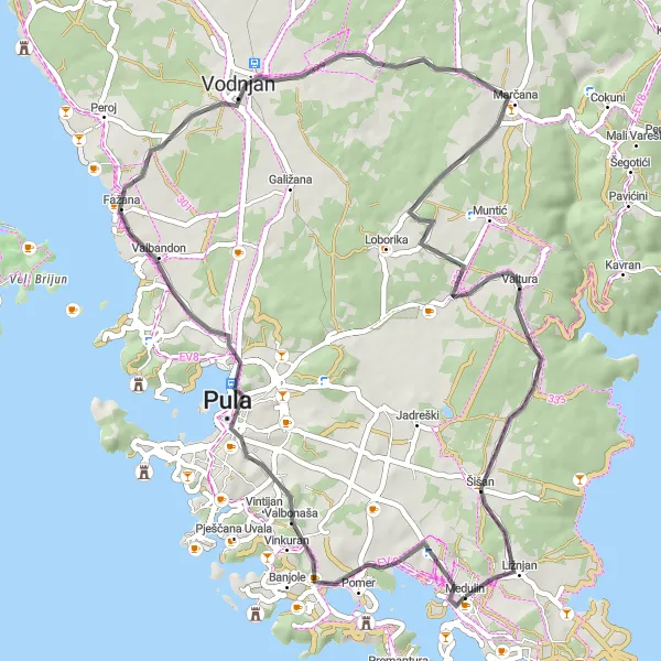 Map miniature of "Pula and Glavica Serpentine Ride" cycling inspiration in Jadranska Hrvatska, Croatia. Generated by Tarmacs.app cycling route planner