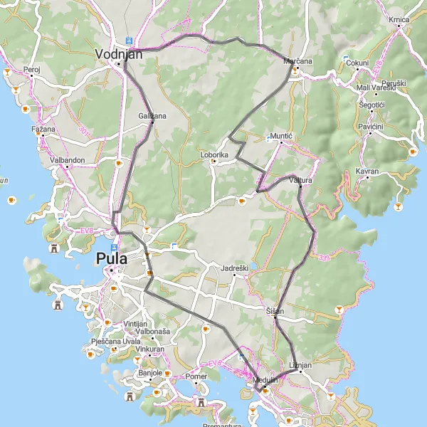 Map miniature of "Road Trip to Vodnjan and Šišan" cycling inspiration in Jadranska Hrvatska, Croatia. Generated by Tarmacs.app cycling route planner