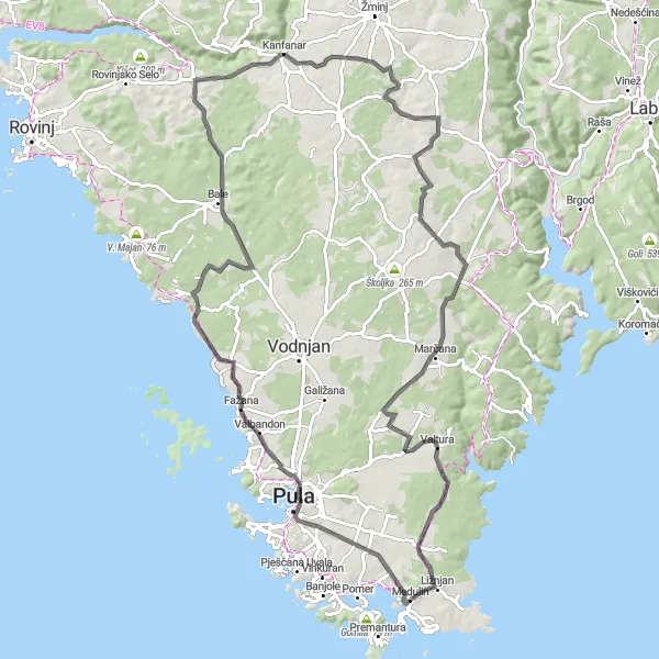 Map miniature of "Cycling Adventure through Pula and Kanfanar" cycling inspiration in Jadranska Hrvatska, Croatia. Generated by Tarmacs.app cycling route planner