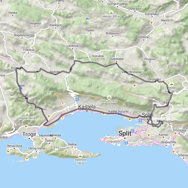 Map miniature of "Coastal Charms" cycling inspiration in Jadranska Hrvatska, Croatia. Generated by Tarmacs.app cycling route planner