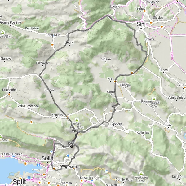 Map miniature of "The Klis Fortress Loop" cycling inspiration in Jadranska Hrvatska, Croatia. Generated by Tarmacs.app cycling route planner