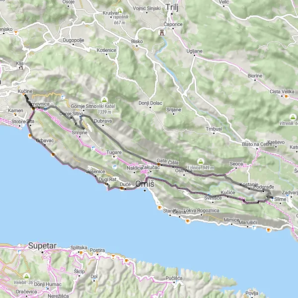 Map miniature of "Mountain Challenge" cycling inspiration in Jadranska Hrvatska, Croatia. Generated by Tarmacs.app cycling route planner