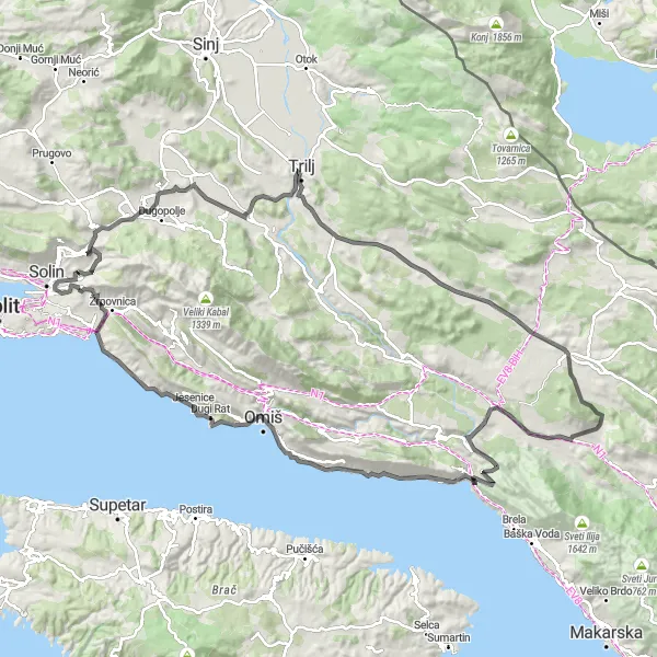 Map miniature of "Coastal Adventure" cycling inspiration in Jadranska Hrvatska, Croatia. Generated by Tarmacs.app cycling route planner