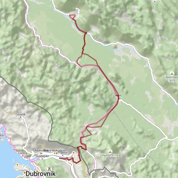 Map miniature of "Gravel Adventure in Čilipi and Komolac" cycling inspiration in Jadranska Hrvatska, Croatia. Generated by Tarmacs.app cycling route planner