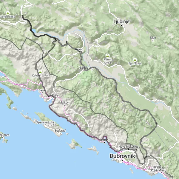 Map miniature of "Scenic Ride to Slano" cycling inspiration in Jadranska Hrvatska, Croatia. Generated by Tarmacs.app cycling route planner