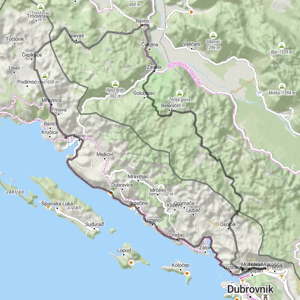Map miniature of "Road Cycling Adventure in Slano and Rastovac" cycling inspiration in Jadranska Hrvatska, Croatia. Generated by Tarmacs.app cycling route planner