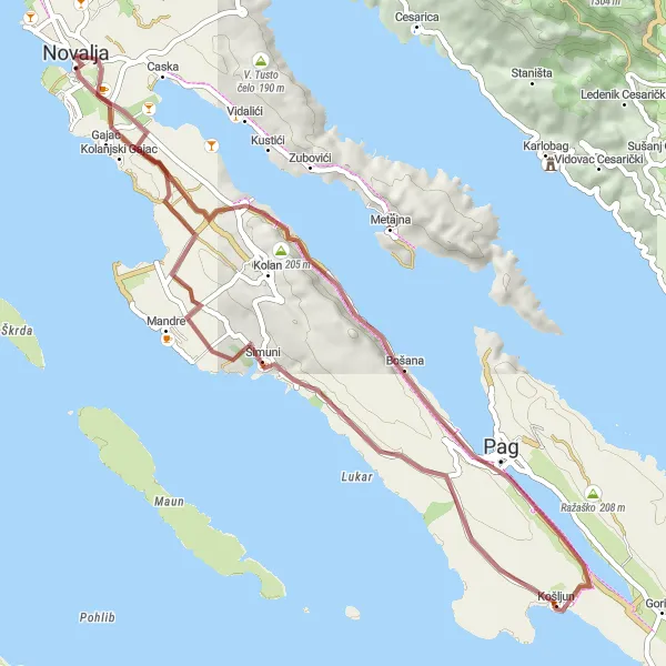 Map miniature of "Off-the-Beaten-Path Gravel Adventure: Discovering Novalja's Hidden Gems" cycling inspiration in Jadranska Hrvatska, Croatia. Generated by Tarmacs.app cycling route planner