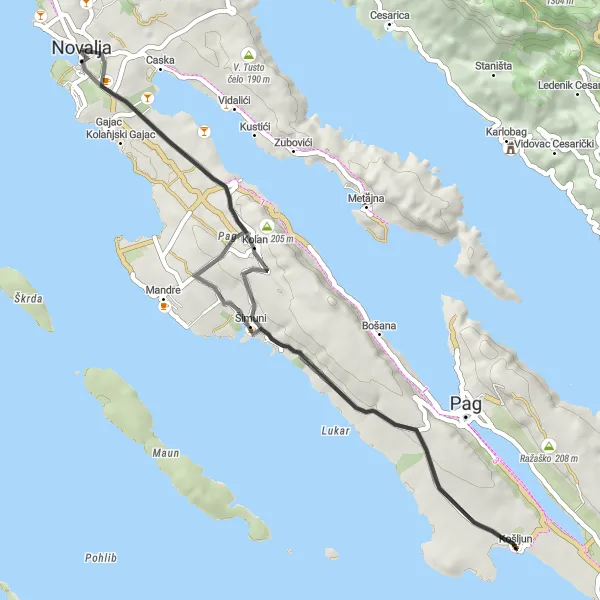Map miniature of "Coastal Road Cycling Adventure: A Scenic Ride from Novalja to Pag" cycling inspiration in Jadranska Hrvatska, Croatia. Generated by Tarmacs.app cycling route planner