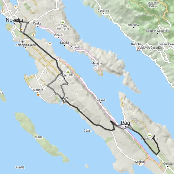 Map miniature of "The Sisters of Pag" cycling inspiration in Jadranska Hrvatska, Croatia. Generated by Tarmacs.app cycling route planner