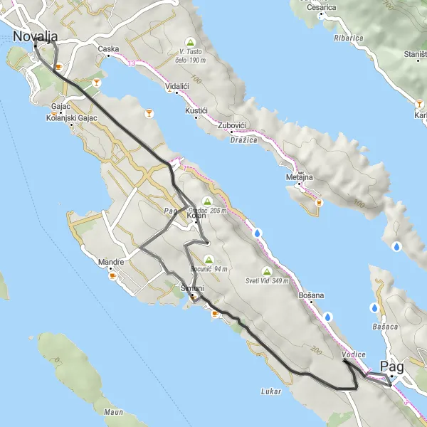 Map miniature of "Novalja to Pag Loop" cycling inspiration in Jadranska Hrvatska, Croatia. Generated by Tarmacs.app cycling route planner