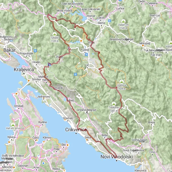 Map miniature of "The Gravel Escape" cycling inspiration in Jadranska Hrvatska, Croatia. Generated by Tarmacs.app cycling route planner