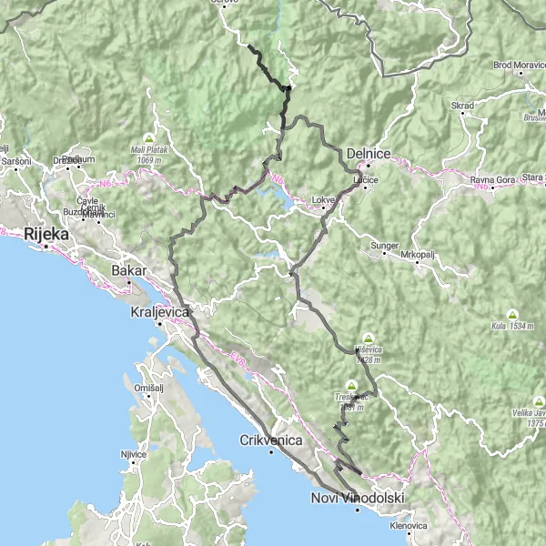 Map miniature of "The Mountain Challenge" cycling inspiration in Jadranska Hrvatska, Croatia. Generated by Tarmacs.app cycling route planner