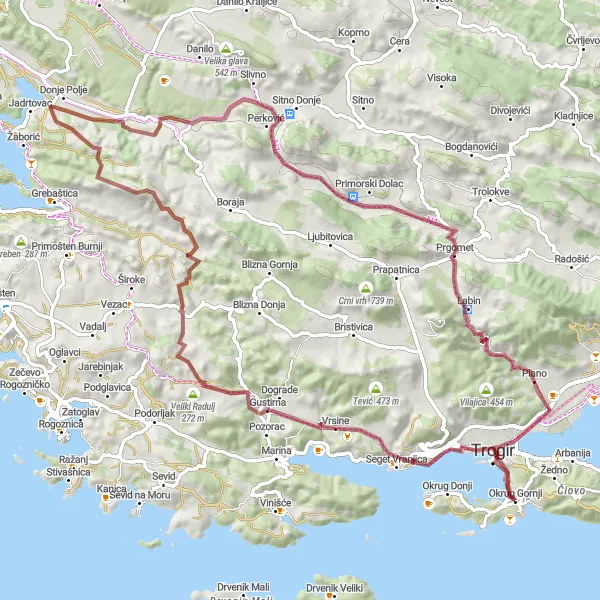 Map miniature of "Gravel Adventure in Okrug Gornji" cycling inspiration in Jadranska Hrvatska, Croatia. Generated by Tarmacs.app cycling route planner