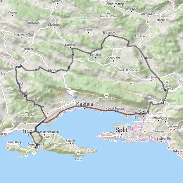Map miniature of "Radošić Exploration" cycling inspiration in Jadranska Hrvatska, Croatia. Generated by Tarmacs.app cycling route planner