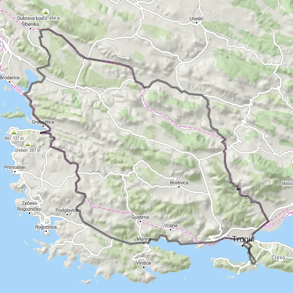 Map miniature of "Marina Loop" cycling inspiration in Jadranska Hrvatska, Croatia. Generated by Tarmacs.app cycling route planner
