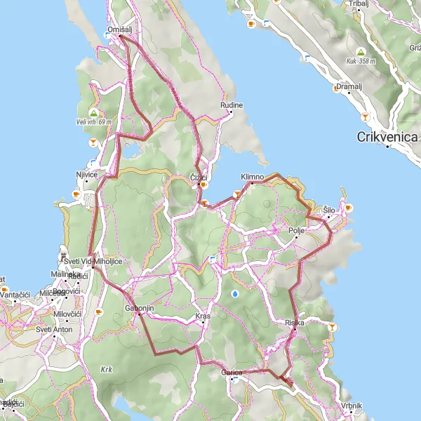 Map miniature of "Coastal Gravel Adventure" cycling inspiration in Jadranska Hrvatska, Croatia. Generated by Tarmacs.app cycling route planner