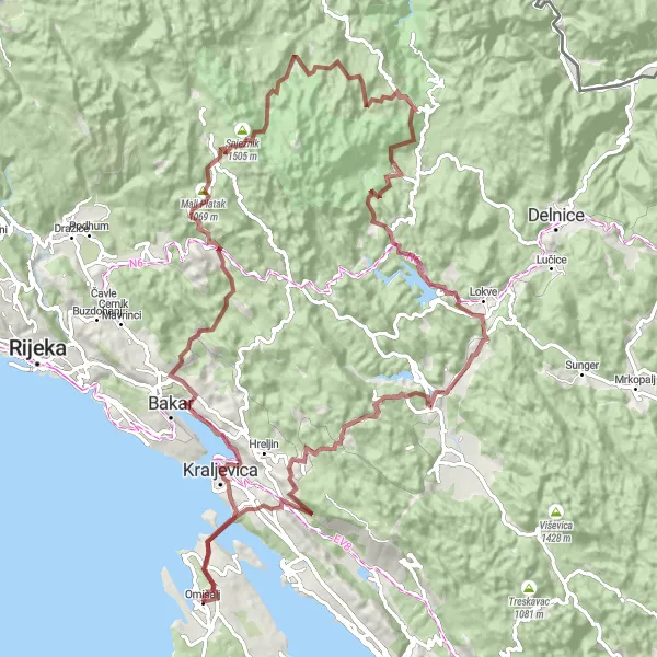 Map miniature of "Mountain Gravel Challenge" cycling inspiration in Jadranska Hrvatska, Croatia. Generated by Tarmacs.app cycling route planner