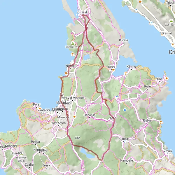 Map miniature of "Off-Road Adventure in Omišalj" cycling inspiration in Jadranska Hrvatska, Croatia. Generated by Tarmacs.app cycling route planner