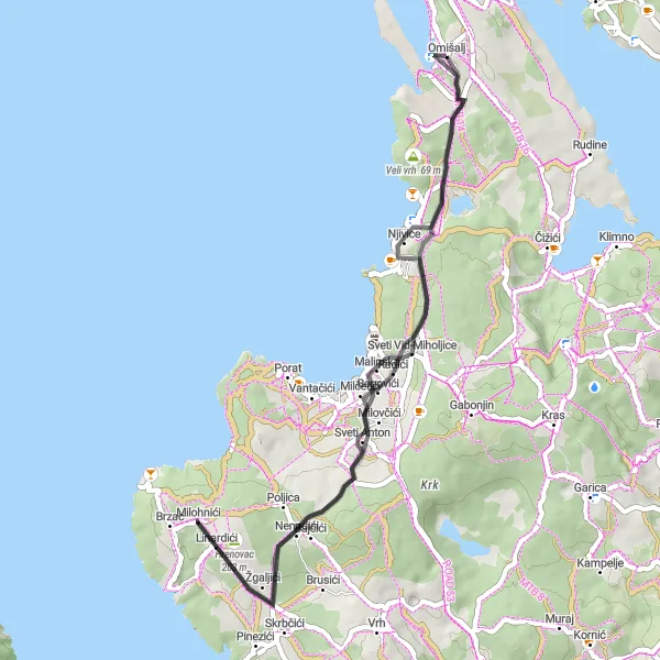 Map miniature of "Omišalj Loop" cycling inspiration in Jadranska Hrvatska, Croatia. Generated by Tarmacs.app cycling route planner