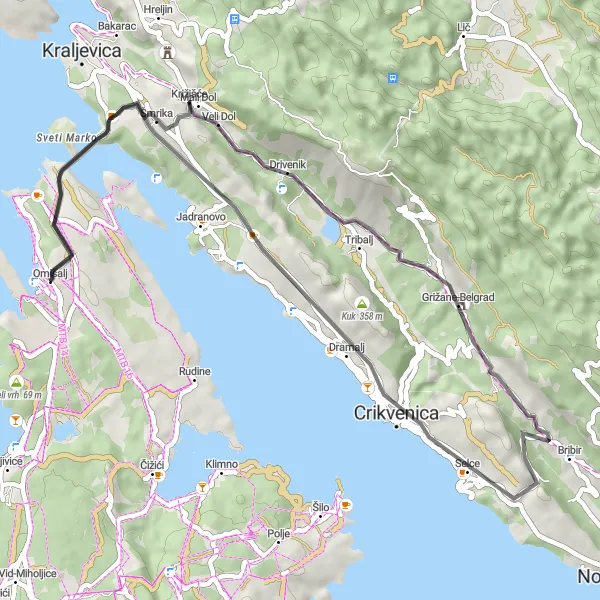 Map miniature of "Coastal Road Ride" cycling inspiration in Jadranska Hrvatska, Croatia. Generated by Tarmacs.app cycling route planner