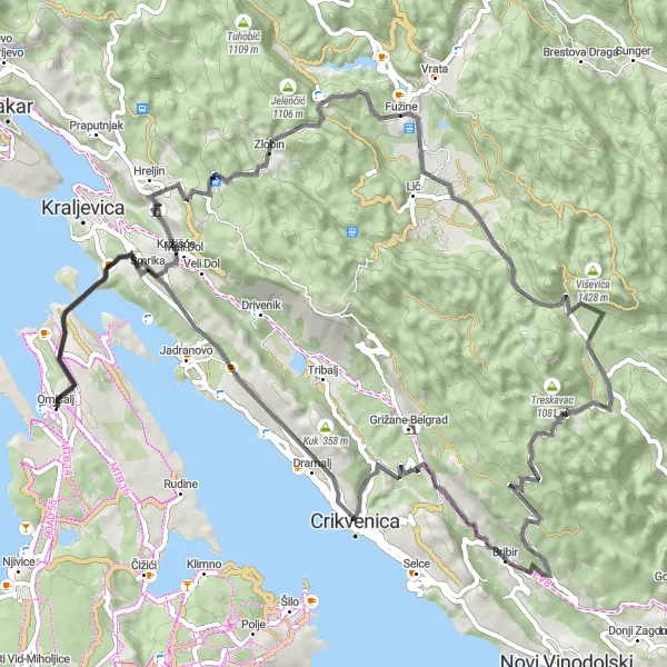 Map miniature of "Scenic Road Ride" cycling inspiration in Jadranska Hrvatska, Croatia. Generated by Tarmacs.app cycling route planner
