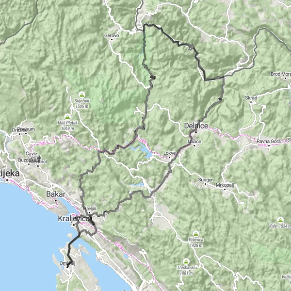 Map miniature of "Scenic Adriatic Road Cycling Route" cycling inspiration in Jadranska Hrvatska, Croatia. Generated by Tarmacs.app cycling route planner