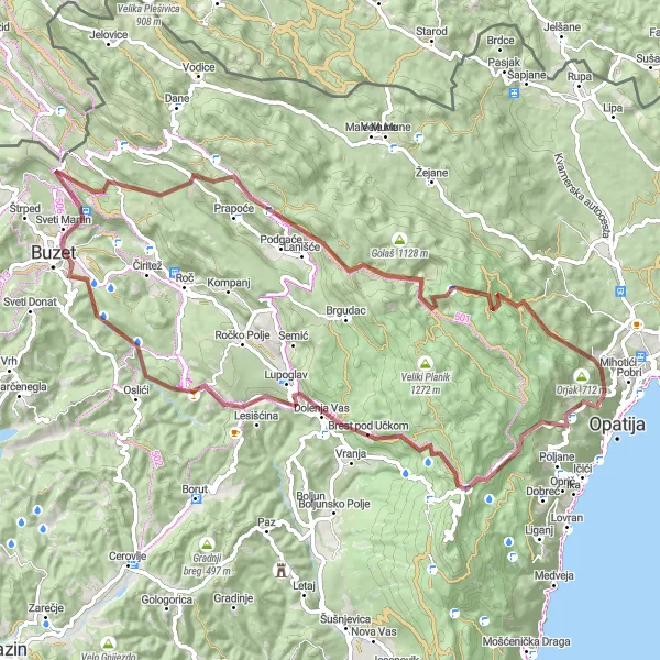 Map miniature of "Gravel Route: Opatija - Veprinac - Mućan - Buzet - Slum - Orljak - Kosmač" cycling inspiration in Jadranska Hrvatska, Croatia. Generated by Tarmacs.app cycling route planner