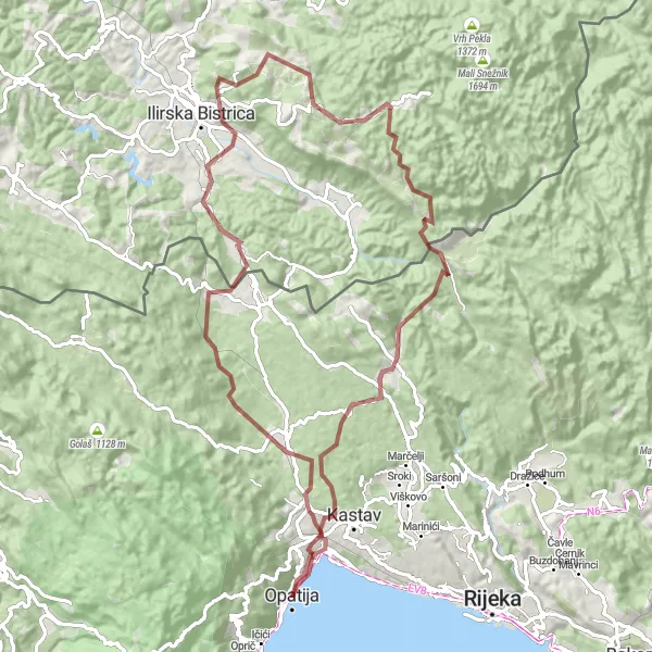 Map miniature of "Bukove Loop Adventure" cycling inspiration in Jadranska Hrvatska, Croatia. Generated by Tarmacs.app cycling route planner