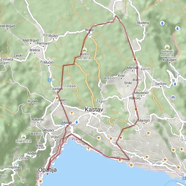 Map miniature of "Matulji Gravel Loop" cycling inspiration in Jadranska Hrvatska, Croatia. Generated by Tarmacs.app cycling route planner