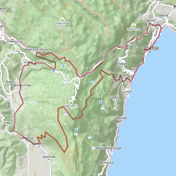 Map miniature of "Opatija Gravel Adventure" cycling inspiration in Jadranska Hrvatska, Croatia. Generated by Tarmacs.app cycling route planner