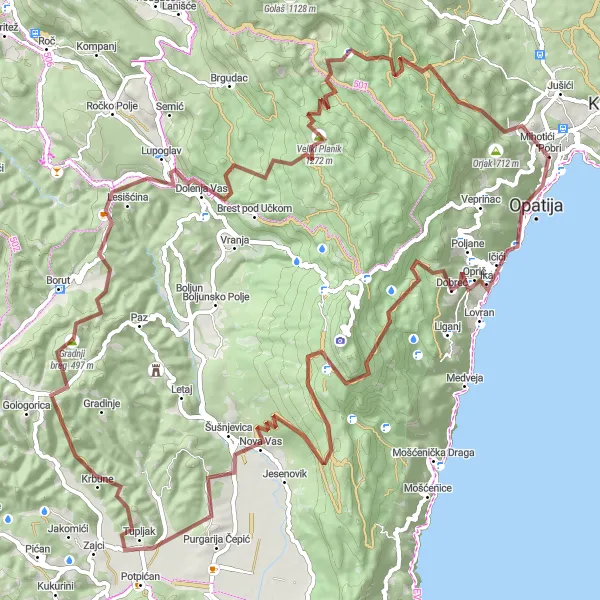 Map miniature of "Lupoglav Epic Gravel Ride" cycling inspiration in Jadranska Hrvatska, Croatia. Generated by Tarmacs.app cycling route planner