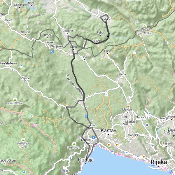 Map miniature of "Road Route: Opatija - Vela rebra - Visoč - Goljak - Gradinovo - Opatija" cycling inspiration in Jadranska Hrvatska, Croatia. Generated by Tarmacs.app cycling route planner