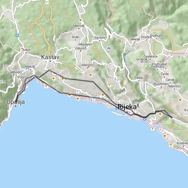 Map miniature of "Trsat Exploration" cycling inspiration in Jadranska Hrvatska, Croatia. Generated by Tarmacs.app cycling route planner