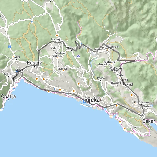 Map miniature of "Opatija Sohi Loop" cycling inspiration in Jadranska Hrvatska, Croatia. Generated by Tarmacs.app cycling route planner