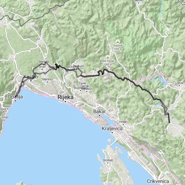 Map miniature of "Opatija Mountain Challenge" cycling inspiration in Jadranska Hrvatska, Croatia. Generated by Tarmacs.app cycling route planner