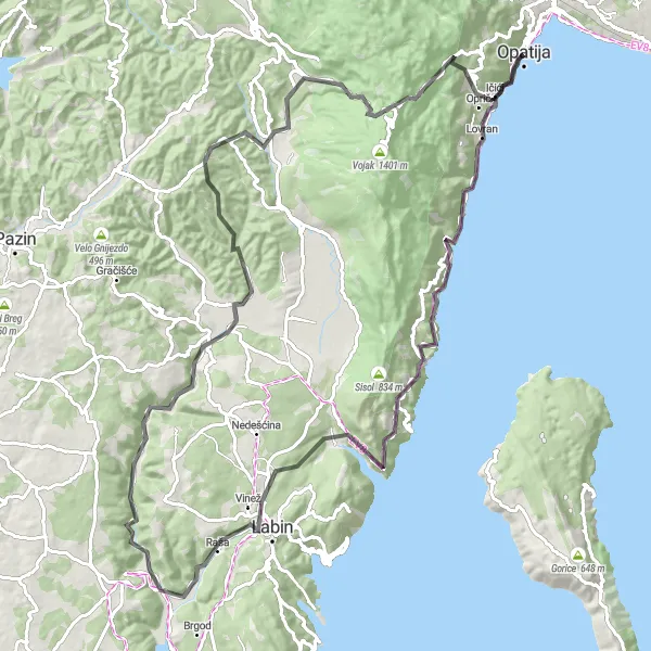 Map miniature of "Opatija Mountain Loop" cycling inspiration in Jadranska Hrvatska, Croatia. Generated by Tarmacs.app cycling route planner