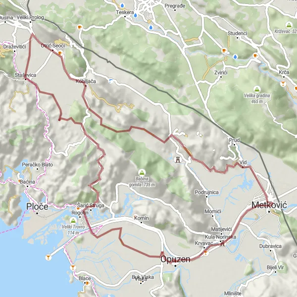 Map miniature of "Exploring Opuzen's Surroundings" cycling inspiration in Jadranska Hrvatska, Croatia. Generated by Tarmacs.app cycling route planner